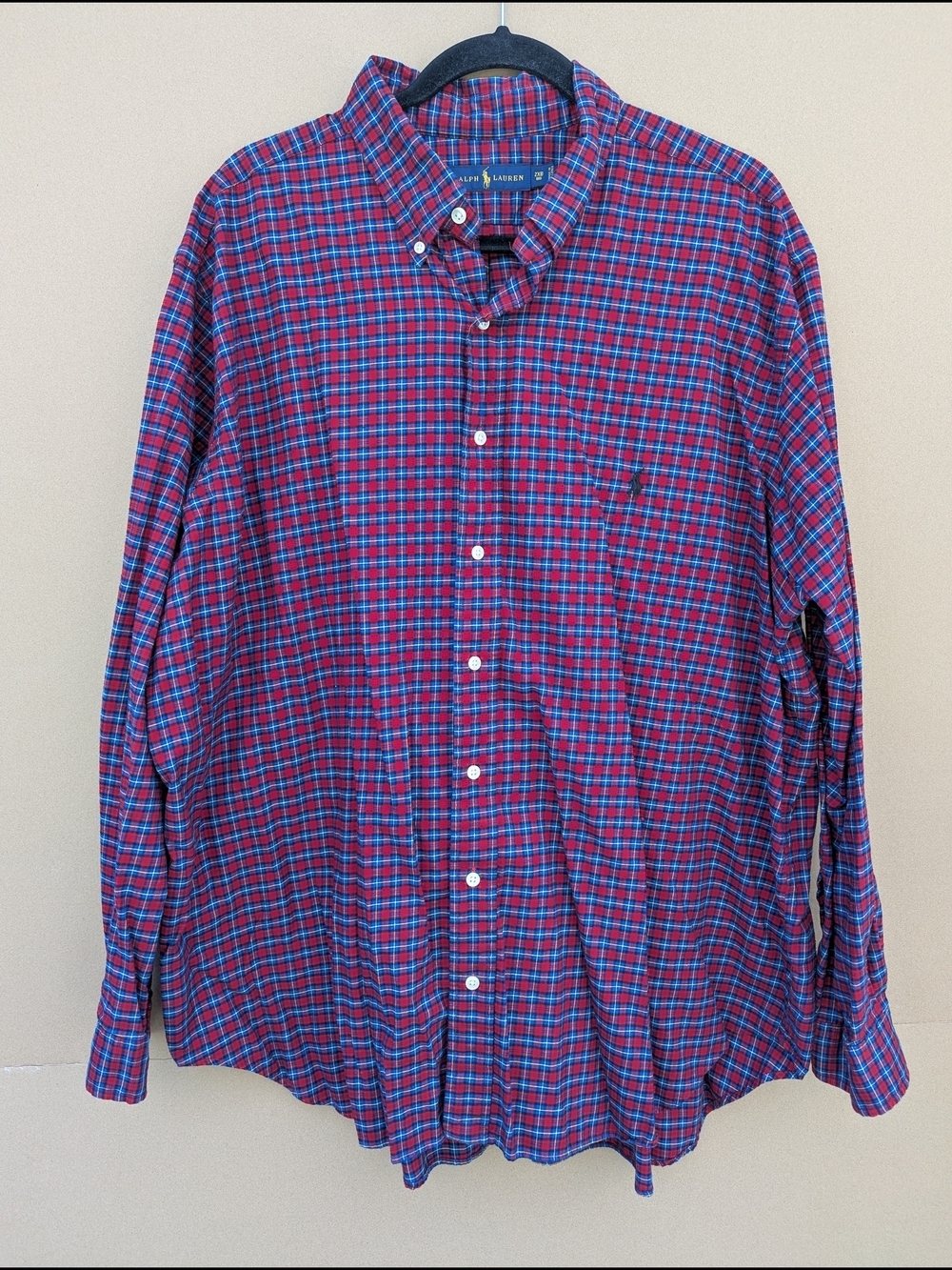 Ralph Lauren Button Down Shirt Red Blue Plaid Long Sleeve Men's 2XB BIG Cotton